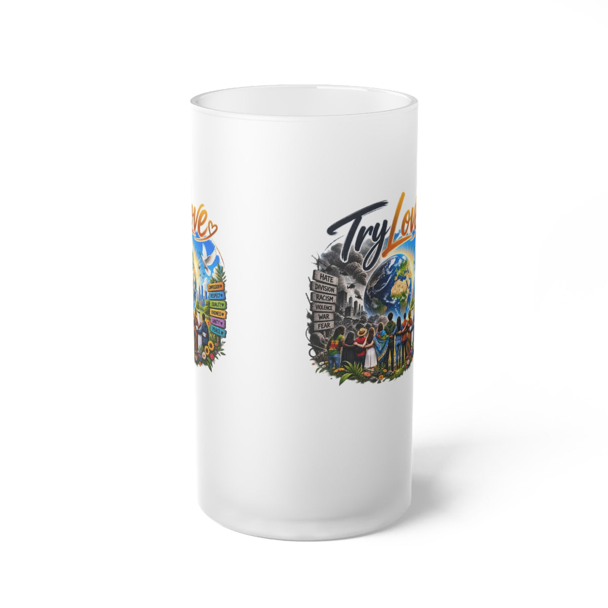 Frosted Beer Mug — 'Try Love' Tropical Adventure Graphic
