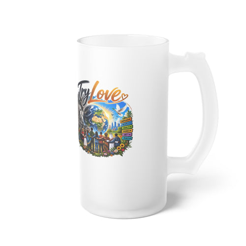 Frosted Beer Mug — 'Try Love' Tropical Adventure Graphic