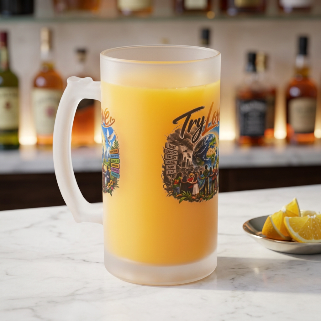 Frosted Beer Mug — 'Try Love' Tropical Adventure Graphic